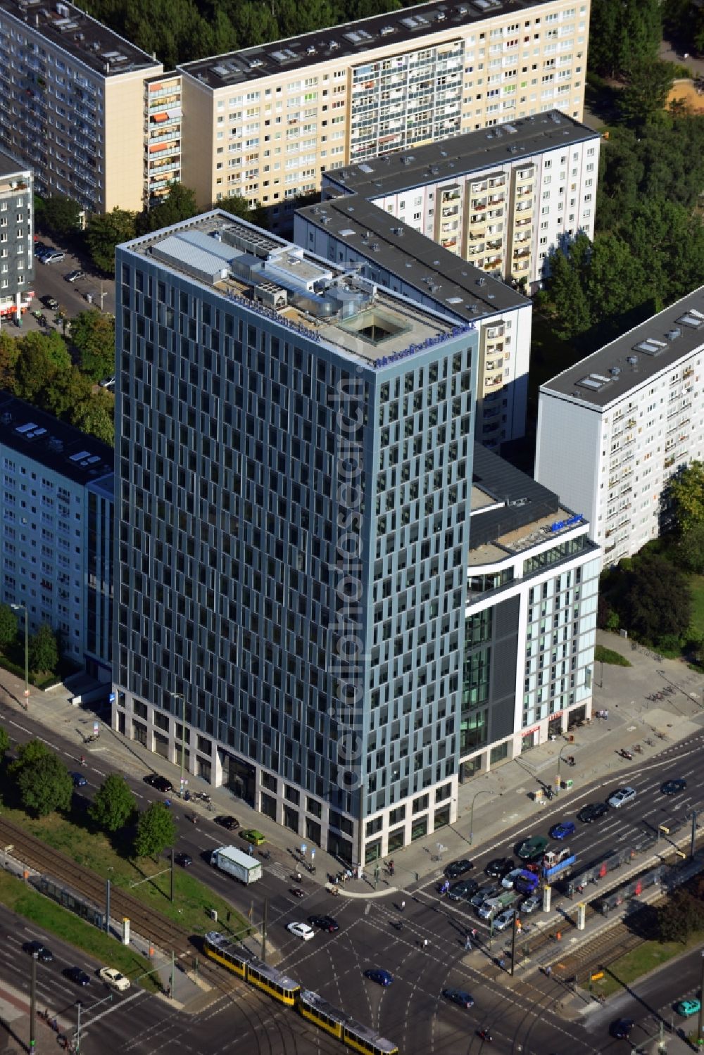 Berlin Mitte from above - View of the high-rise construction on the corner of Otto-Braun-Strasse for the new residential and commercial building. To the right stands the new ETAP hotel