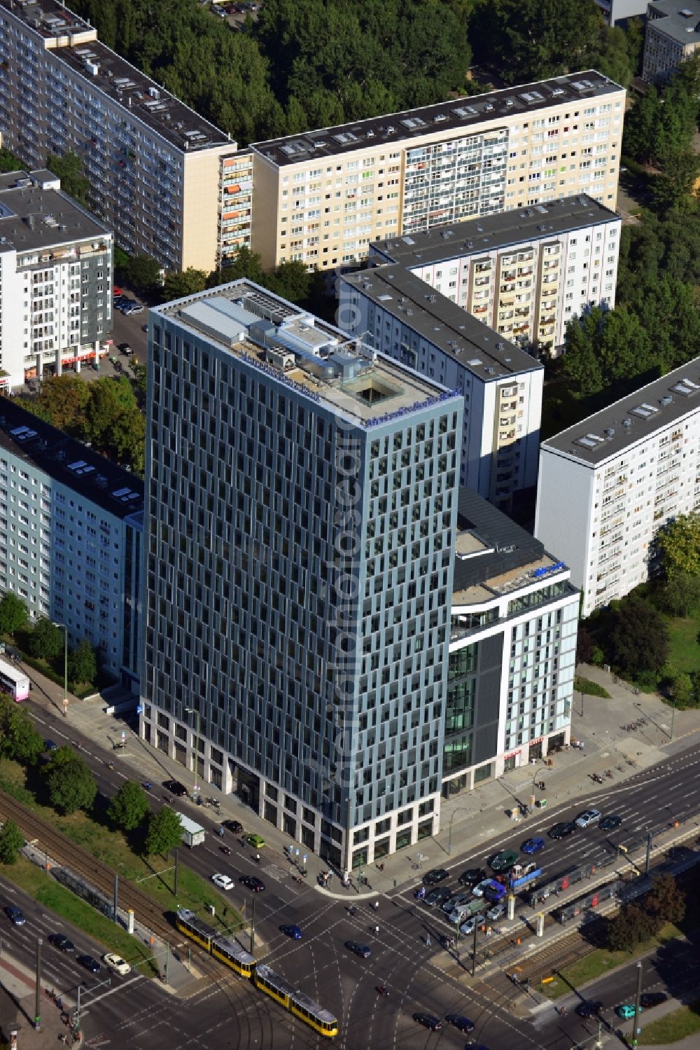 Berlin Mitte from the bird's eye view: View of the high-rise construction on the corner of Otto-Braun-Strasse for the new residential and commercial building. To the right stands the new ETAP hotel