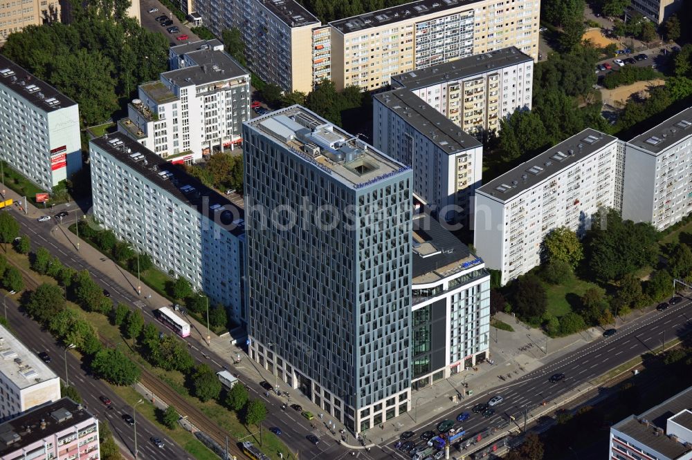 Aerial image Berlin Mitte - View of the high-rise construction on the corner of Otto-Braun-Strasse for the new residential and commercial building. To the right stands the new ETAP hotel