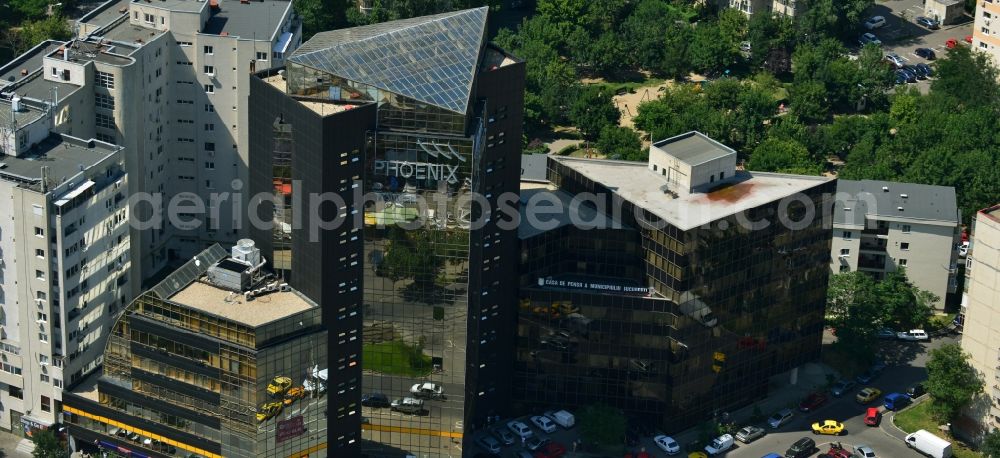 Bukarest from the bird's eye view: Building of the Phoenix - Commercial building and office building Vitan in the city center of the capital, Bucharest, Romania