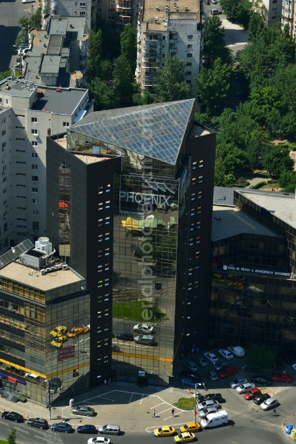 Aerial image Bukarest - Building of the Phoenix - Commercial building and office building Vitan in the city center of the capital, Bucharest, Romania