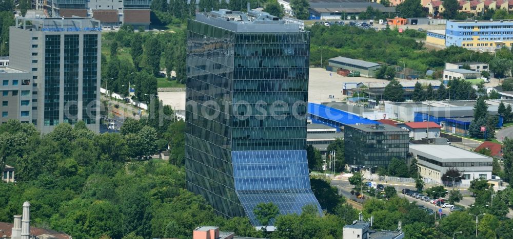 Bukarest from above - High-rise building of UniCredit Bank ?iriac (Sediul central) on Bulevardul Expozitiei in Bucharest in Romania