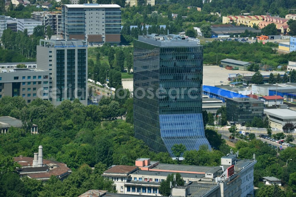 Bukarest from the bird's eye view: High-rise building of UniCredit Bank ?iriac (Sediul central) on Bulevardul Expozitiei in Bucharest in Romania