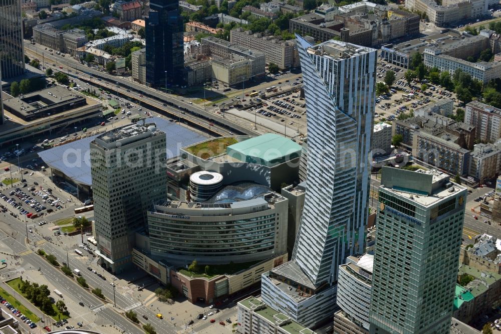 Warschau from the bird's eye view: High-rise building Zlota 44 in the city center of the skyline of Warsaw in Poland. The skyscraper was designed by Daniel Libeskind by ORCO PROPERTY GROUP, and serves as a residential and commercial construction with apartments in the center of the capital