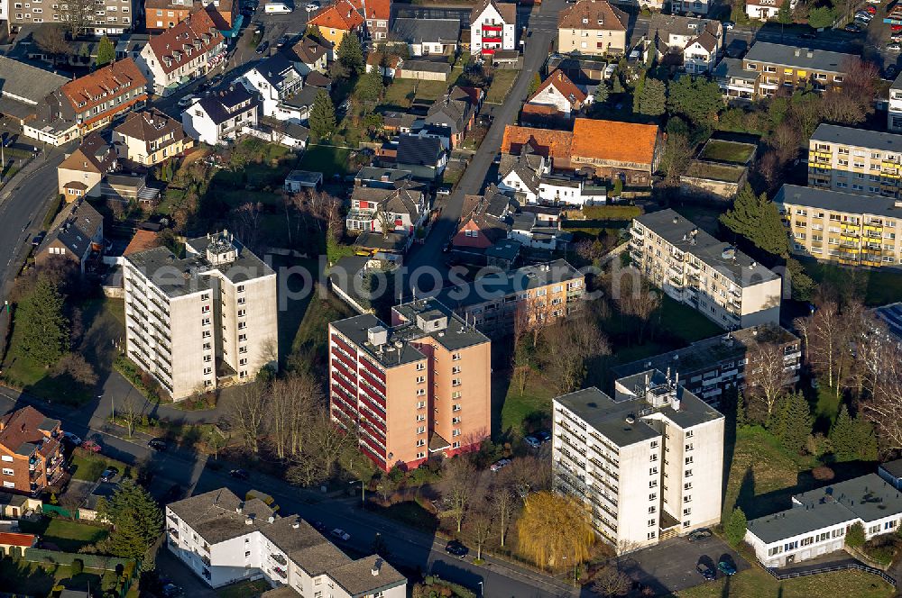 Hamm OT Herringen from above - Apartment tower in a residential area of the municipality Herringen in the street Waldenburger Strasse in Hamm in the state North Rhine-Westphalia