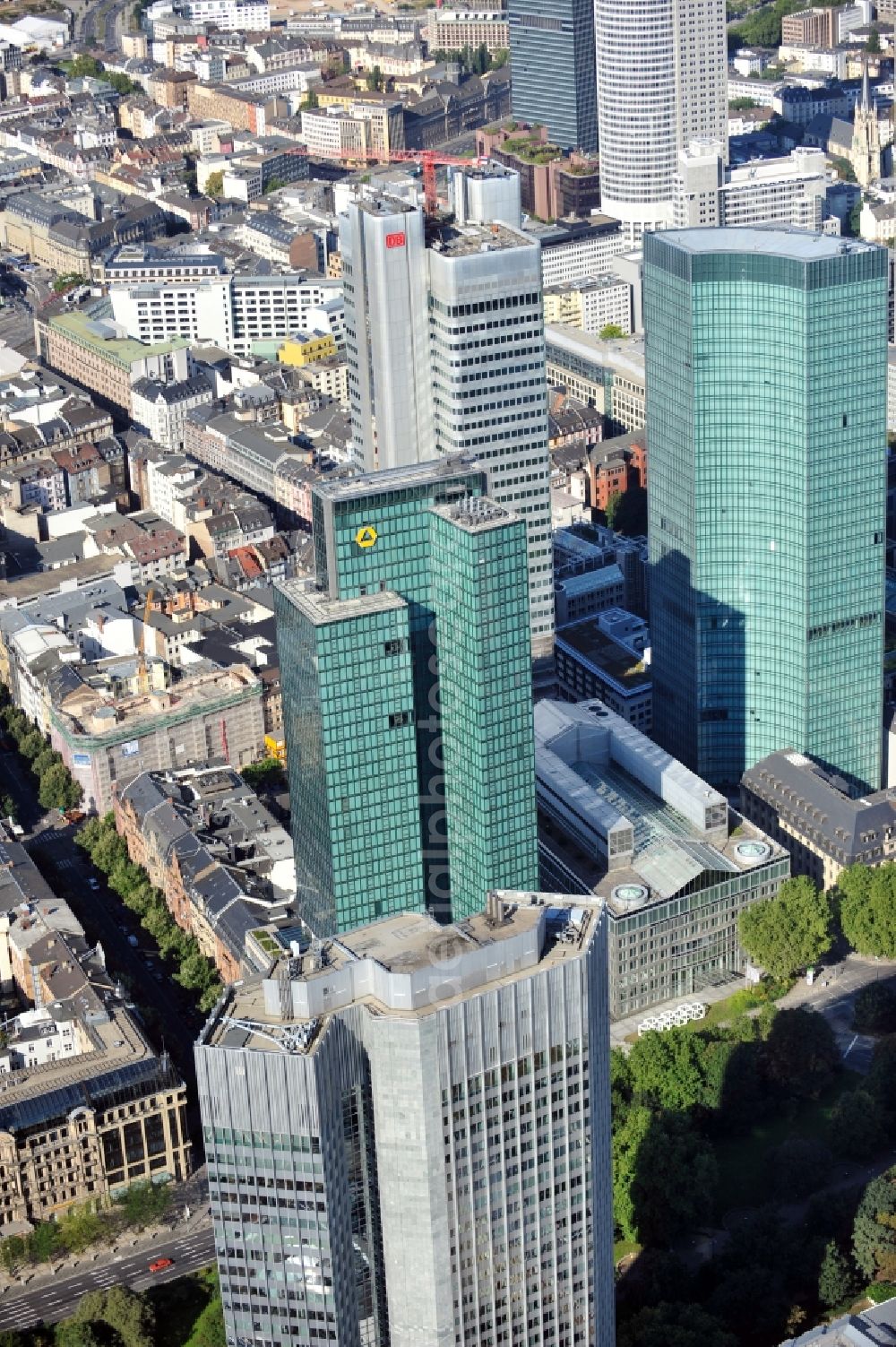 Frankfurt am Main from above - View over the roof of the office Eurotower, seat of the European Central Bank, on to the highrise Gallileo, seat of the Commerbank and the Silver Tower, seat of the Deutsche Bahn in the inner city of Frankfurt at the Main in Hesse