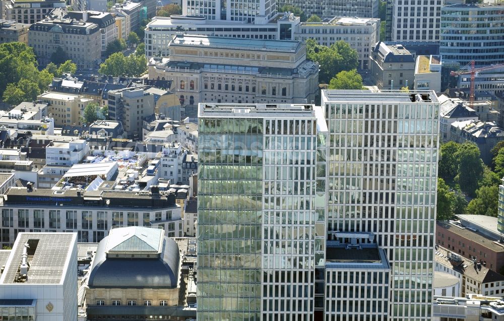 Frankfurt am Main from above - View of the skyscrapers on the palace district in central Frankfurt / Main in Hesse. Construction company was the BAM Germany AG