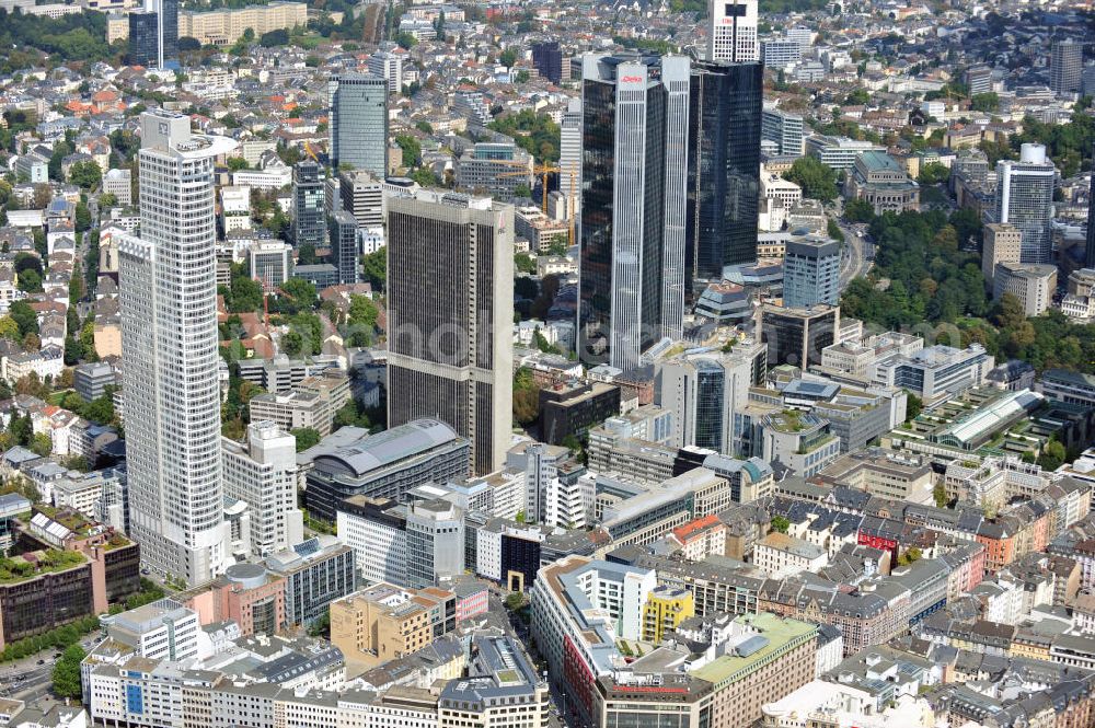 FRANKFURT AM MAIN from above - The Westend Tower is a skyscraper and hosts the central control of the DZ Bank. The skyscraper Frankfurter Büro Center mainly hosts the law firm Clifford Chance. The central control of the DeKaBank is located in the skyscraper Trianon. The two twin towers of the skyscraper Deutsche-Bank-Hochhaus