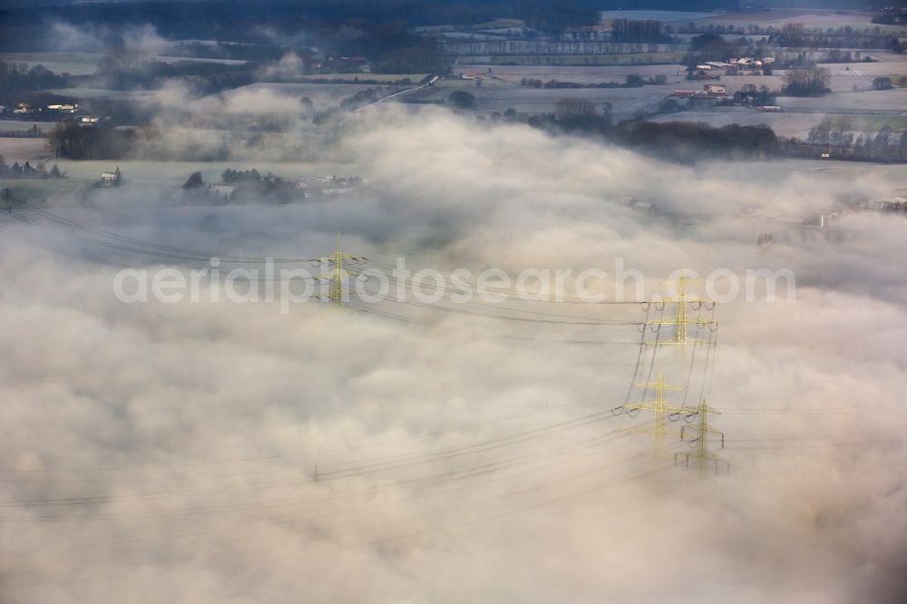 Aerial photograph Werne - High fog on the pylons of power lines on coal-fired power plant RWE Power Gersteinwerk in Werne in North Rhine-Westphalia