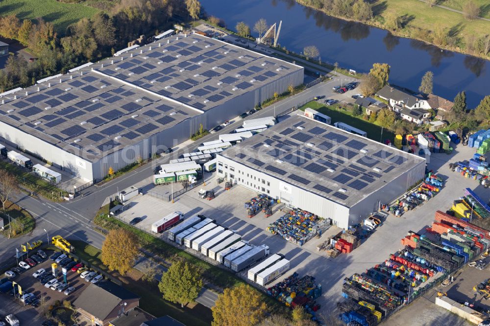 Bad Oeynhausen from above - High-bay warehouse building complex and logistics center on the premises of Deutsche Getraenke Logistik - DGL Ostwestfalen-Lippe GmbH & Co. KG on the street Faehrweg in Bad Oeynhausen in the state of North Rhine-Westphalia, Germany