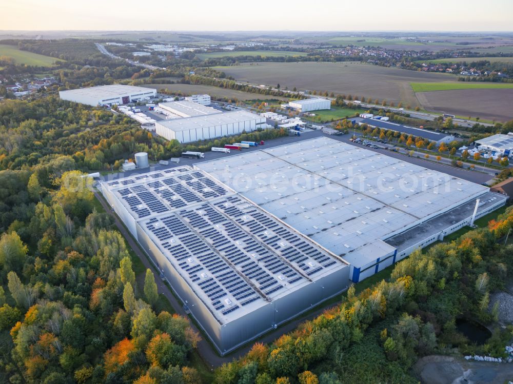 Aerial image Wilsdruff - High-bay warehouse building complex and logistics center on the ALDI central warehouse site on Huehndorfer Hoehe street in Wilsdruff in the state of Saxony, Germany