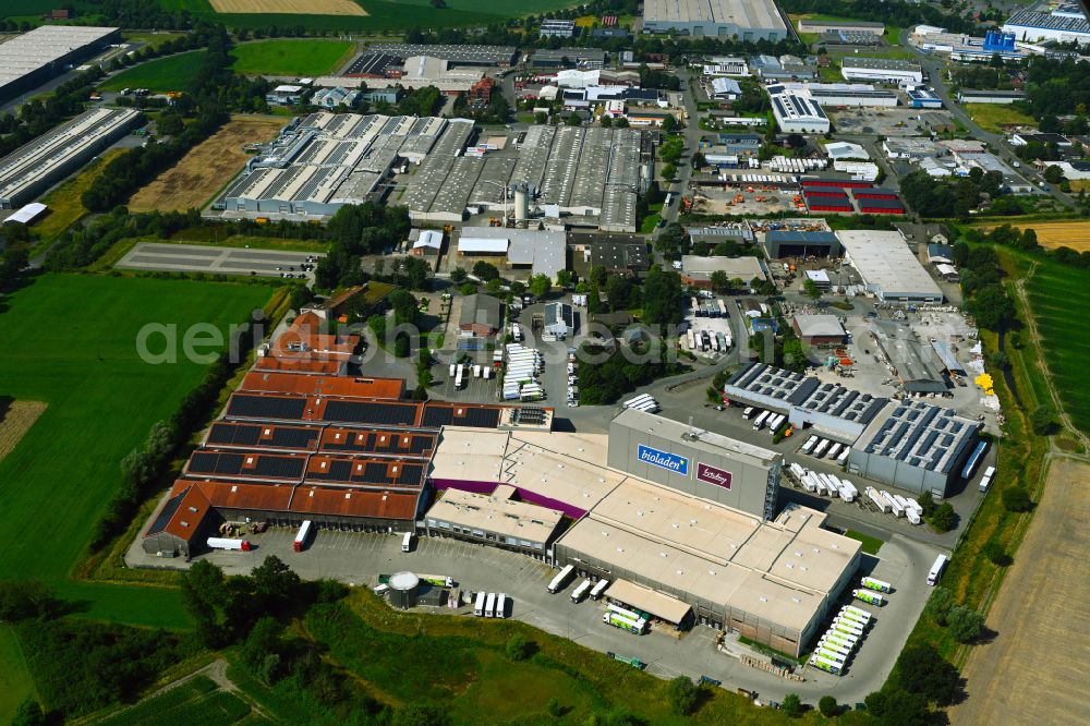 Coesfeld from the bird's eye view: High-bay warehouse building complex and logistics center on the premises the organic wholesaler Weiling on street Erlenweg in Coesfeld in the state North Rhine-Westphalia, Germany