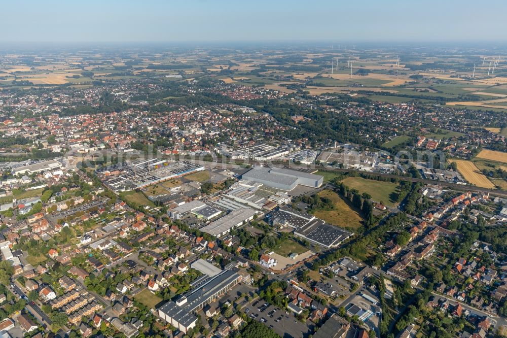 Ahlen from the bird's eye view: High-bay warehouse building complex and logistics center on the premises of Franz Kaldewei GmbH & Co. KG in Ahlen in the state North Rhine-Westphalia, Germany