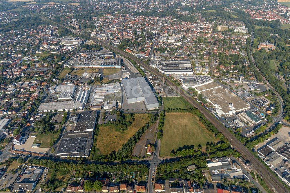 Ahlen from the bird's eye view: High-bay warehouse building complex and logistics center on the premises of Franz Kaldewei GmbH & Co. KG in Ahlen in the state North Rhine-Westphalia, Germany