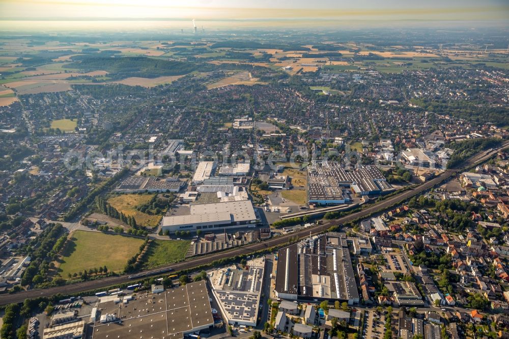 Ahlen from the bird's eye view: High-bay warehouse building complex and logistics center on the premises of Franz Kaldewei GmbH & Co. KG in Ahlen in the state North Rhine-Westphalia, Germany