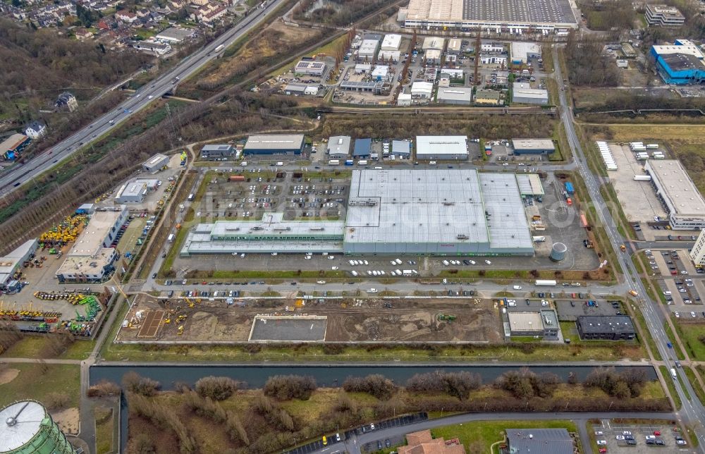 Aerial photograph Herne - High-bay warehouse building complex and logistics center on the premises Sanacorp Pharmahandel GmbH on Lindenallee in Herne in the state North Rhine-Westphalia