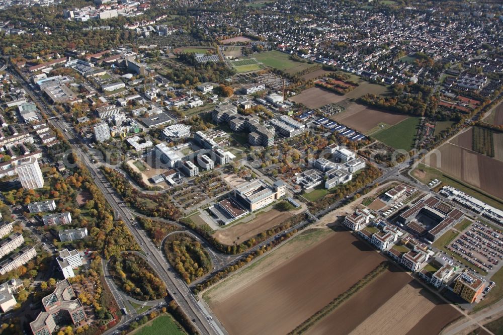 Mainz from the bird's eye view: View of the building of the University of Mainz at the Lucy-Hillebrand-Strasse in Mainz in Rhineland-Palatinate