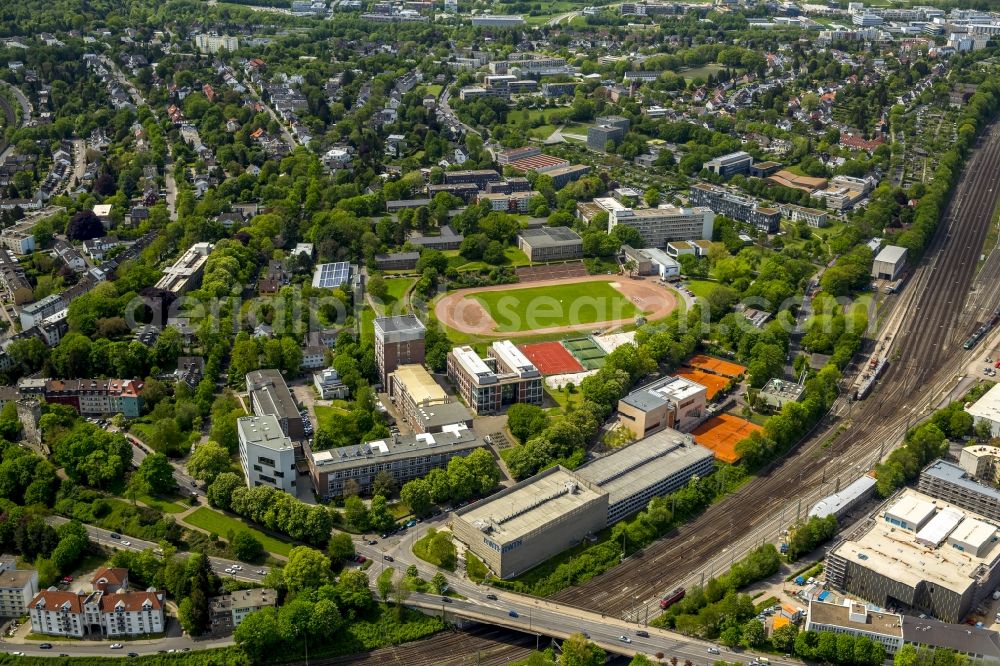 Aachen from above - Sports faculties of RWTH-University (Rheinisch-Westfaelische Technische Hochschule Aachen) of Aachen in the state of North Rhine-Westphalia. Aachen is a spa town, diocesan town and the western-most major city of Germany. The faculities and sports facilities are located in the Northwest of the city centre