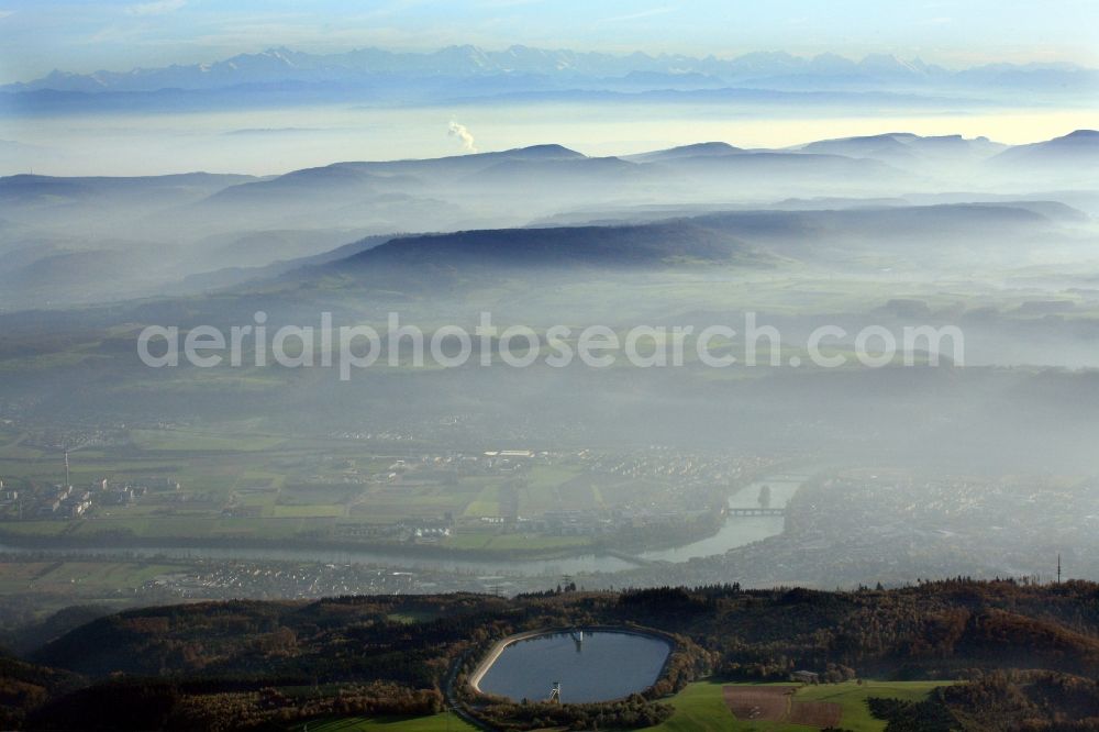 Bad Säckingen from above - The Eggbergbecken is a high storage reservoir to produce peak power in Bad Saeckingen in the state Baden-Wuerttemberg