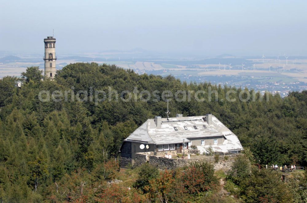 Aerial image Oybin - Blick auf die Hochwaldbaude, eine Bergwirtschaft auf dem Hochwald, dem höchsten Berg vom Zittauer Gebirge. Kontakt: Inhaber Familie Grundmann, Tel. +49(0)35844 70232, Email: buchung@hochwaldbaude.de