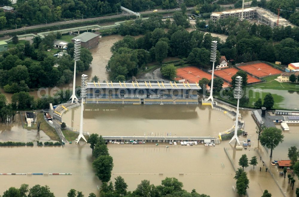 Aerial photograph Jena - Flood disaster flood flooding of the Ernst-Abbe-sports field / stadium in the Oberaue in Jena in Thuringia