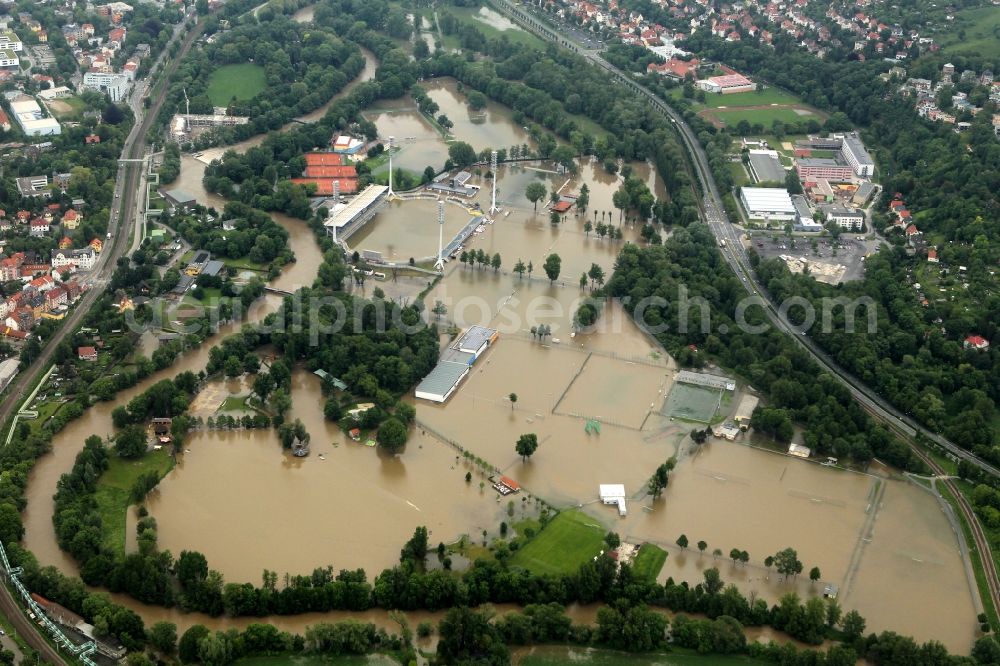 Aerial image Jena - Flood disaster flood flooding of the Ernst-Abbe-sports field / stadium in the Oberaue in Jena in Thuringia