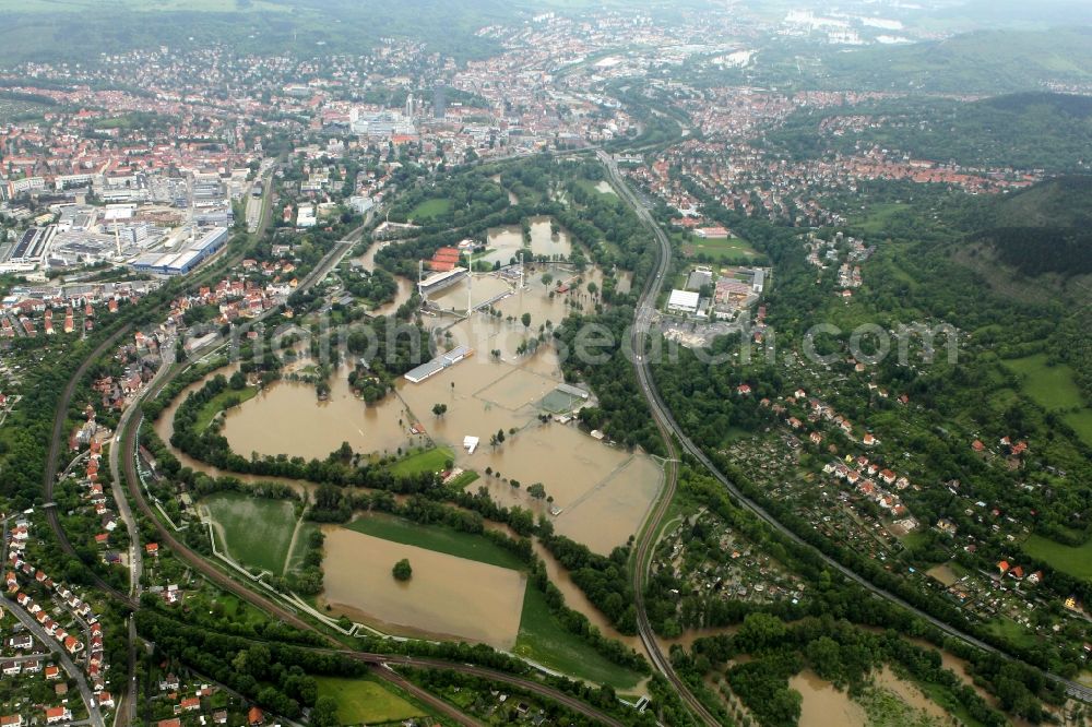 Aerial photograph Jena - Flood disaster flood flooding of the Ernst-Abbe-sports field / stadium in the Oberaue in Jena in Thuringia