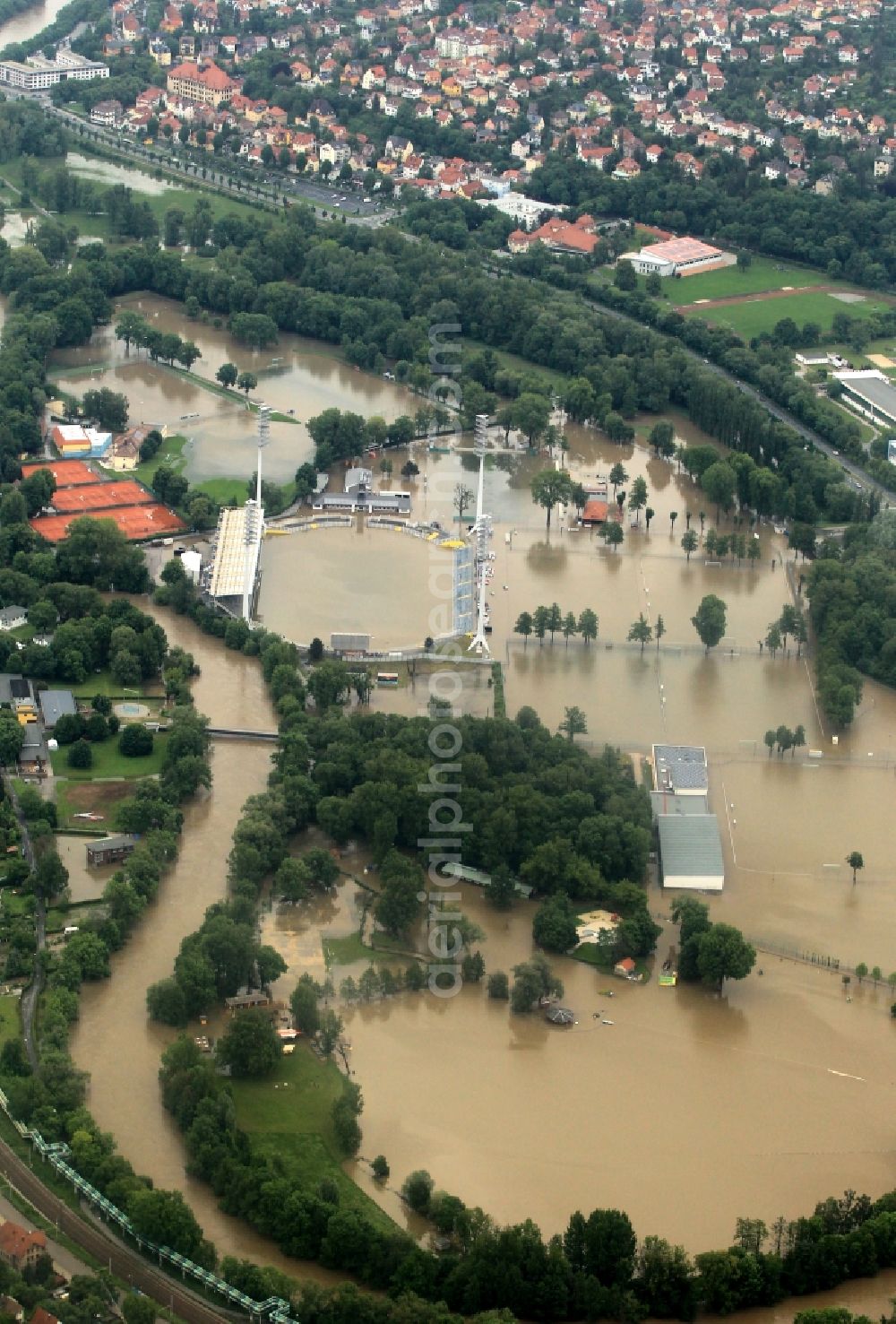 Aerial image Jena - Flood disaster flood flooding of the Ernst-Abbe-sports field / stadium in the Oberaue in Jena in Thuringia