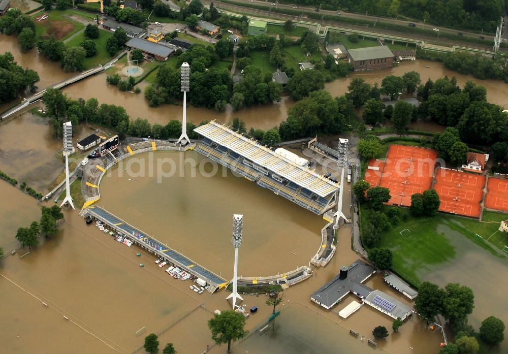 Aerial photograph Jena - Flood disaster flood flooding of the Ernst-Abbe-sports field / stadium in the Oberaue in Jena in Thuringia