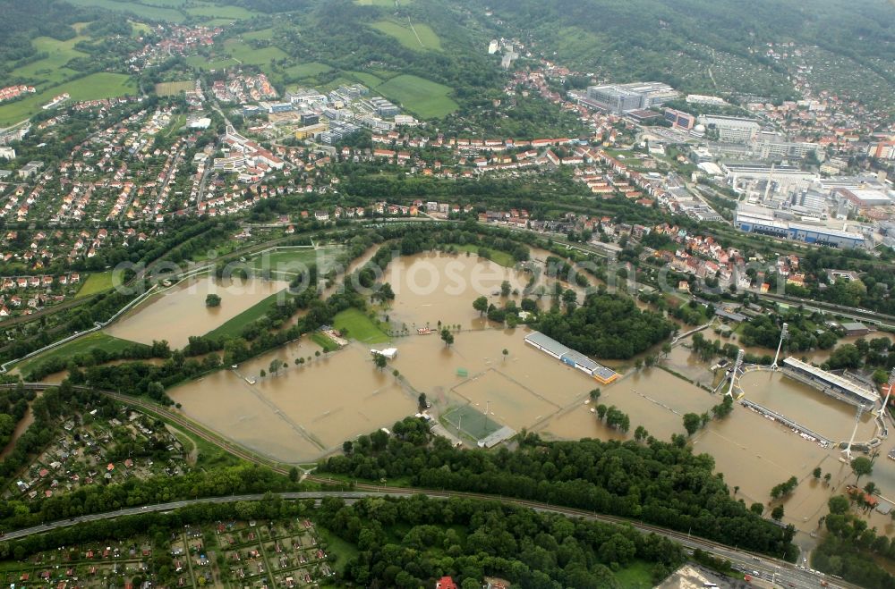 Jena from above - Flood disaster flood flooding of the Ernst-Abbe-sports field / stadium in the Oberaue in Jena in Thuringia