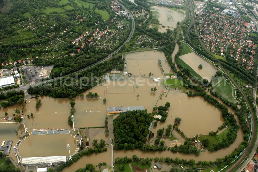 Aerial photograph Jena - Flood disaster flood flooding of the Ernst-Abbe-sports field / stadium in the Oberaue in Jena in Thuringia