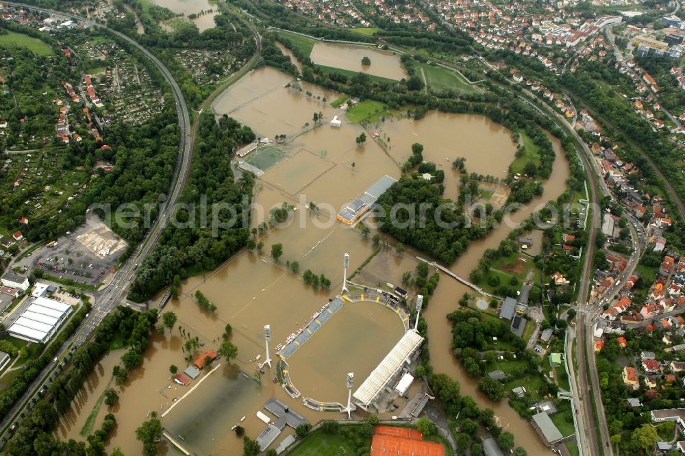 Jena from above - Flood disaster flood flooding of the Ernst-Abbe-sports field / stadium in the Oberaue in Jena in Thuringia