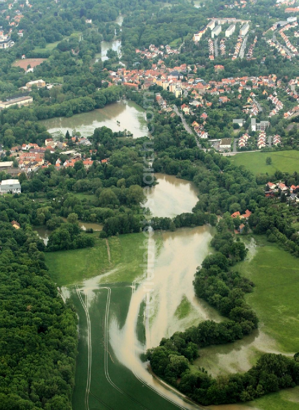 Weimar from above - Flood disaster flood flooding on the Ilm park overflowing river Ilm in Weimar in Thuringia