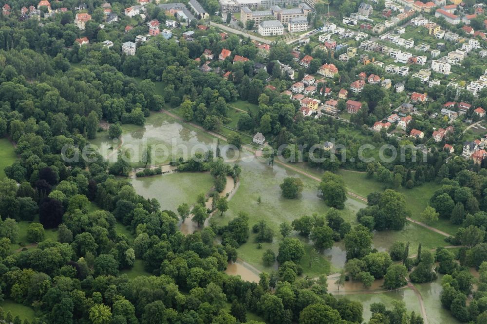 Aerial image Weimar - Flood disaster flood flooding on the Ilm park overflowing river Ilm in Weimar in Thuringia