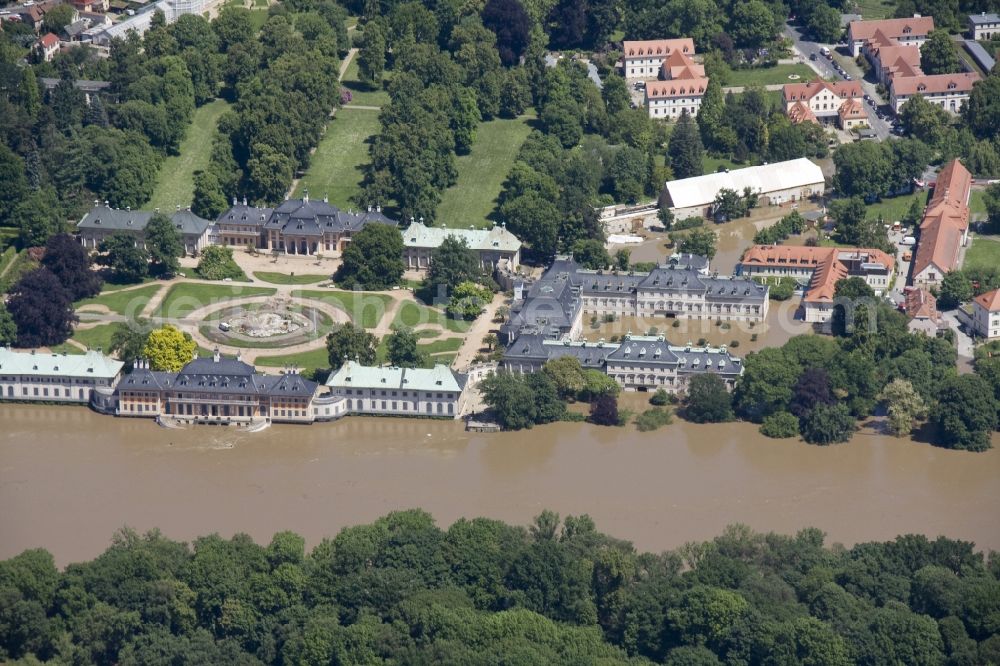 Pillnitz from the bird's eye view: Flood disaster flood flooding at Pillnitz Castle on the banks of the Elbe River and surrounding areas at Pillnitz in Saxony