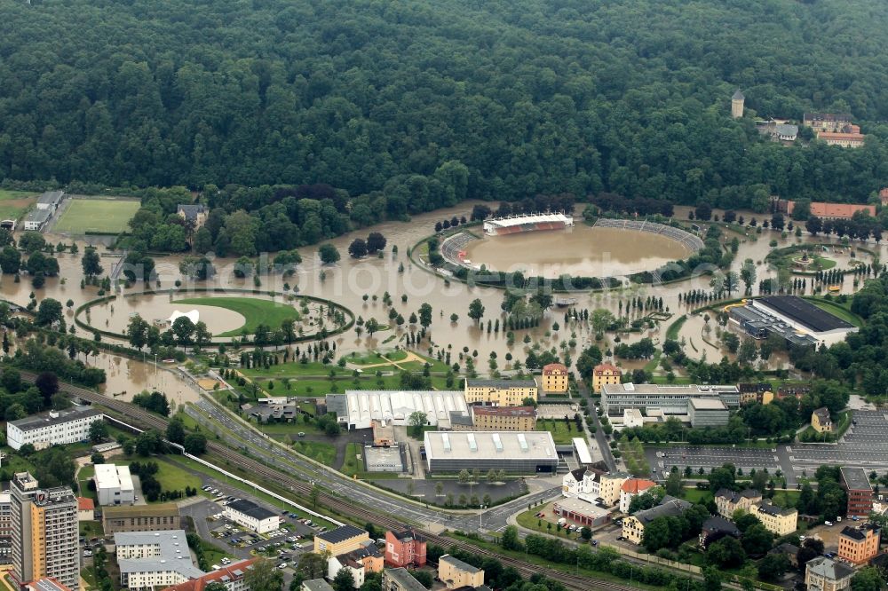 Aerial photograph Gera - Flood disaster flood flooding of Sports Park and Stadium of Gera in Thuringia