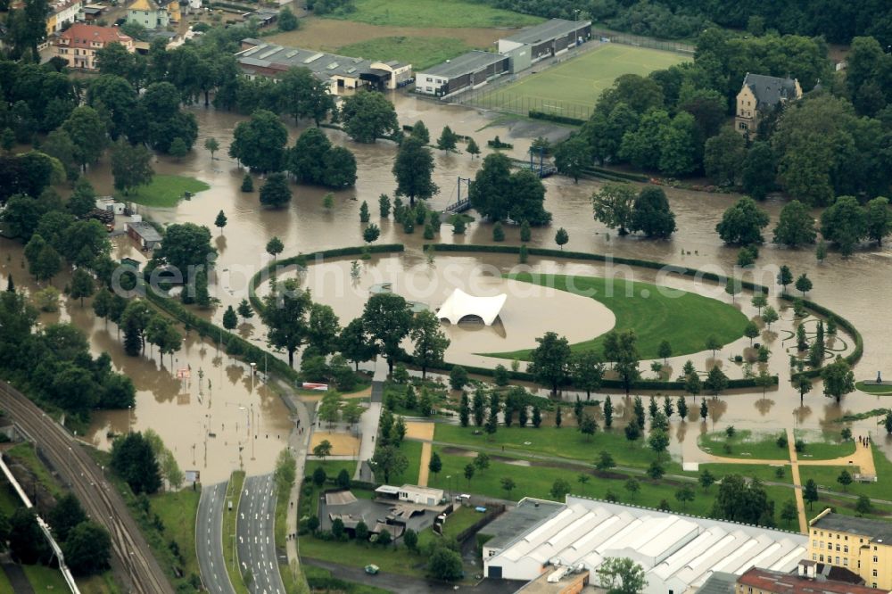 Aerial image Gera - Flood disaster flood flooding of Sports Park and Stadium of Gera in Thuringia