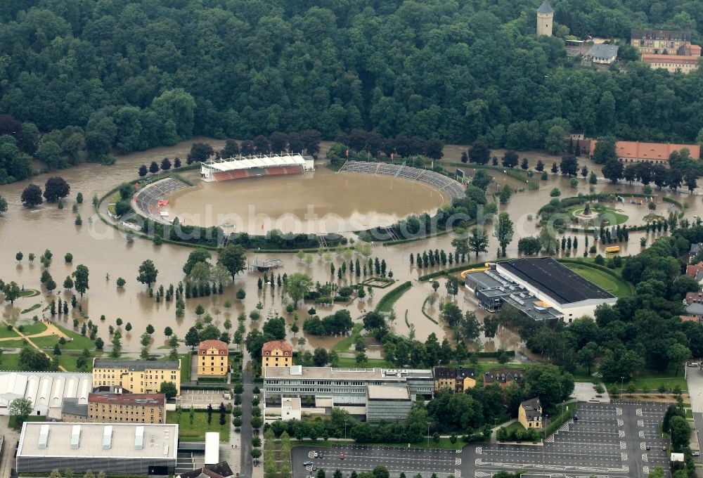 Aerial photograph Gera - Flood disaster flood flooding of Sports Park and Stadium of Gera in Thuringia