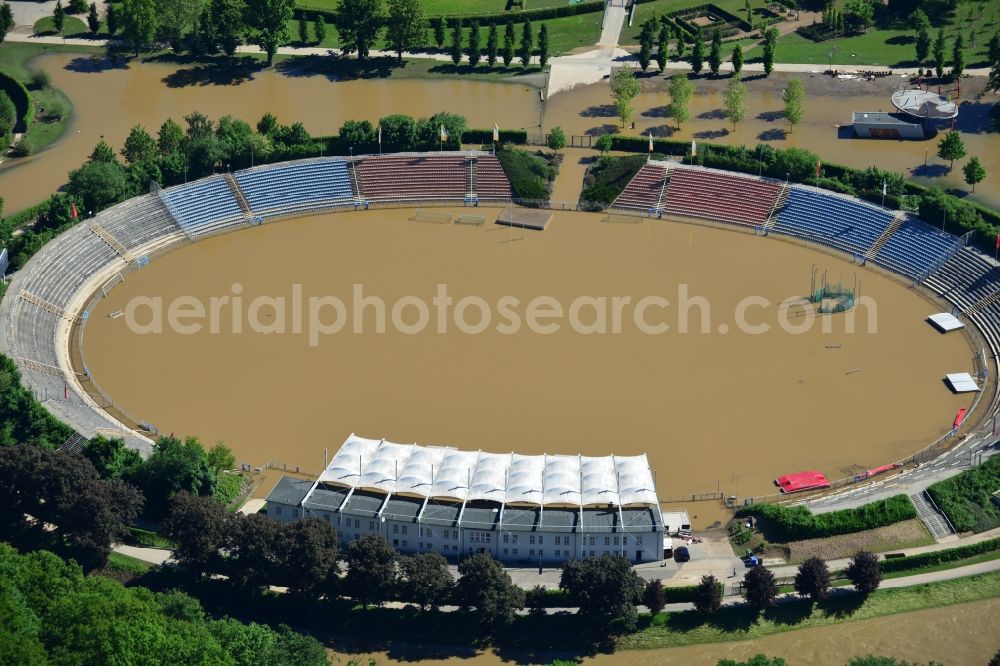 Aerial image Gera - Flood disaster flood flooding of Sports Park and Stadium of Gera in Thuringia