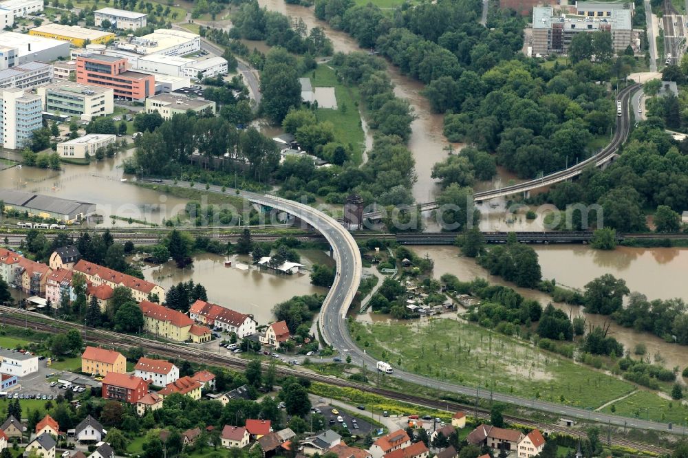 Gera from the bird's eye view: Flood disaster flood flooding of parts of the city of Gera in Thuringia