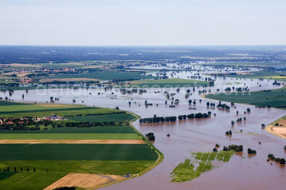 Aerial photograph Torgau - Flood disaster flood flooding the banks of the Elbe and the surrounding areas in Torgau in Saxony