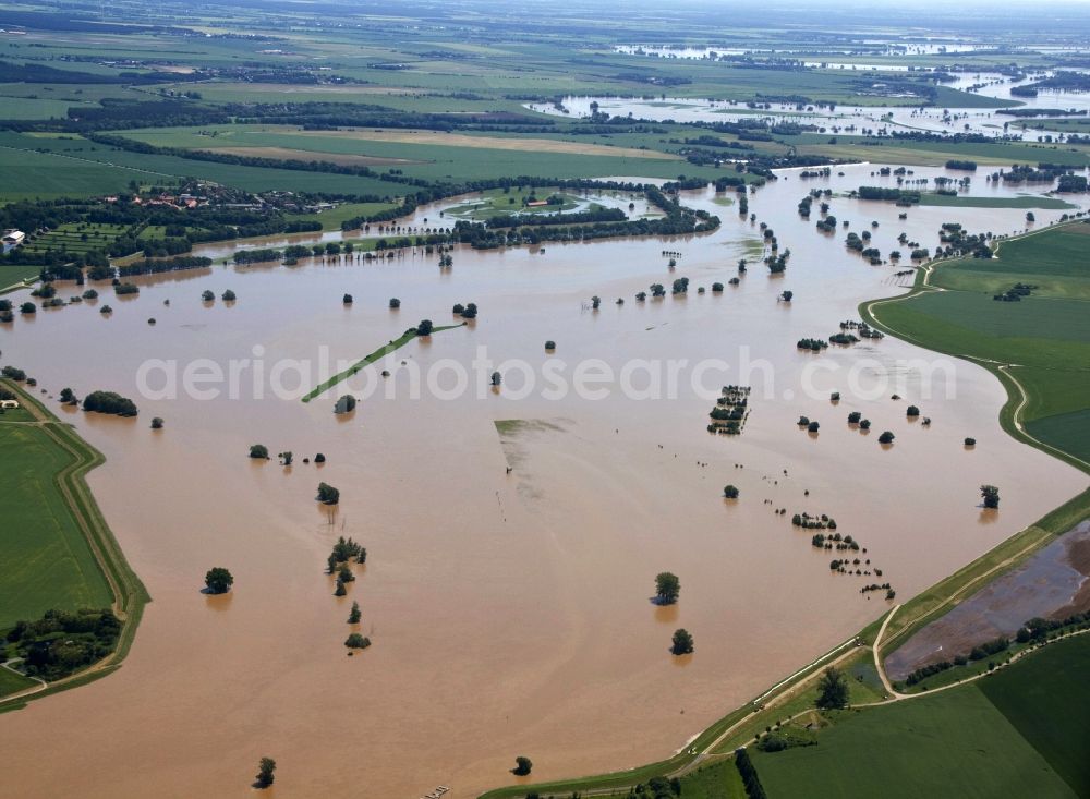 Torgau from above - Flood disaster flood flooding the banks of the Elbe and the surrounding areas in Torgau in Saxony