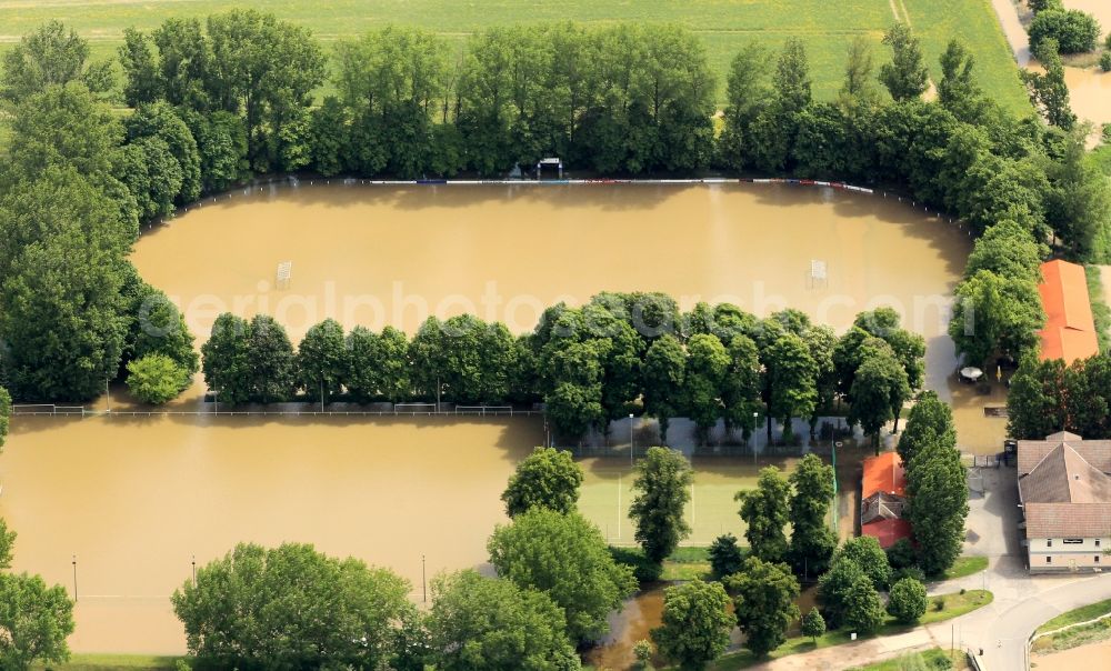 Gebesee from the bird's eye view: Flood disaster flood flooded sports field at Gebesee in Thuringia