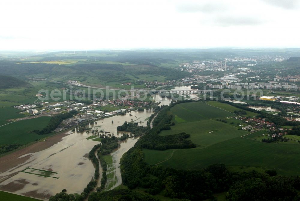 Aerial image Jena - Flood flood disaster with the level crossing of the Saale and the Oberaue flooding along the highway in Jena in Thuringia