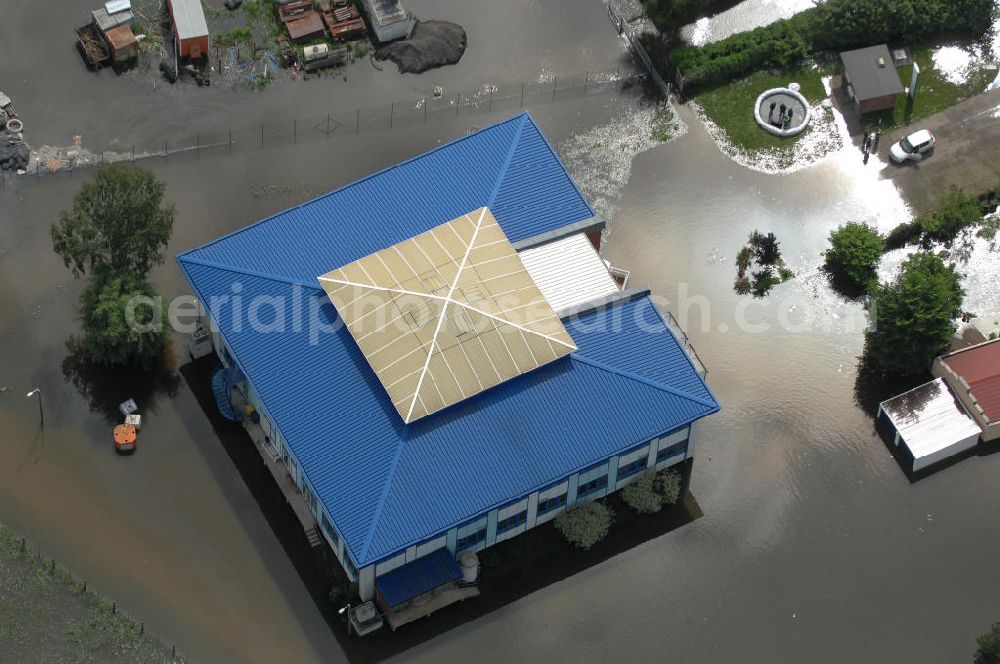 Aerial photograph Frankfurt / Oder - Blick auf die angespannte Hochwassersituation der Oder am Bereich Gubener Vorstadt am Buschmühlenweg. View of the tense situation in the flood area of Frankfurt / Oder in Brandenburg.