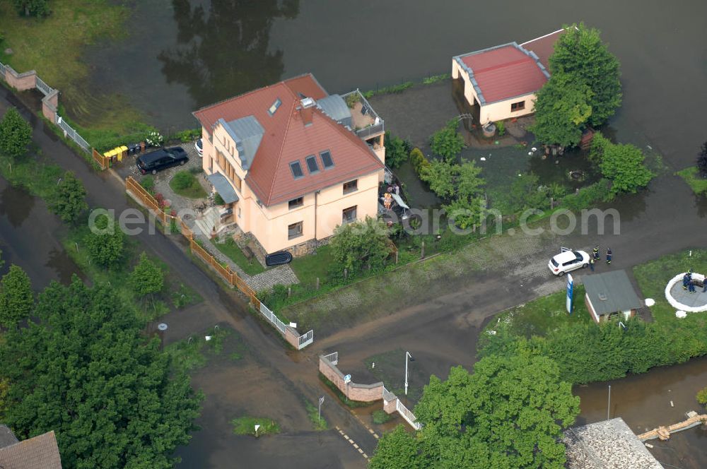 Aerial image Frankfurt / Oder - Blick auf die angespannte Hochwassersituation der Oder am Bereich Gubener Vorstadt am Buschmühlenweg. View of the tense situation in the flood area of Frankfurt / Oder in Brandenburg.