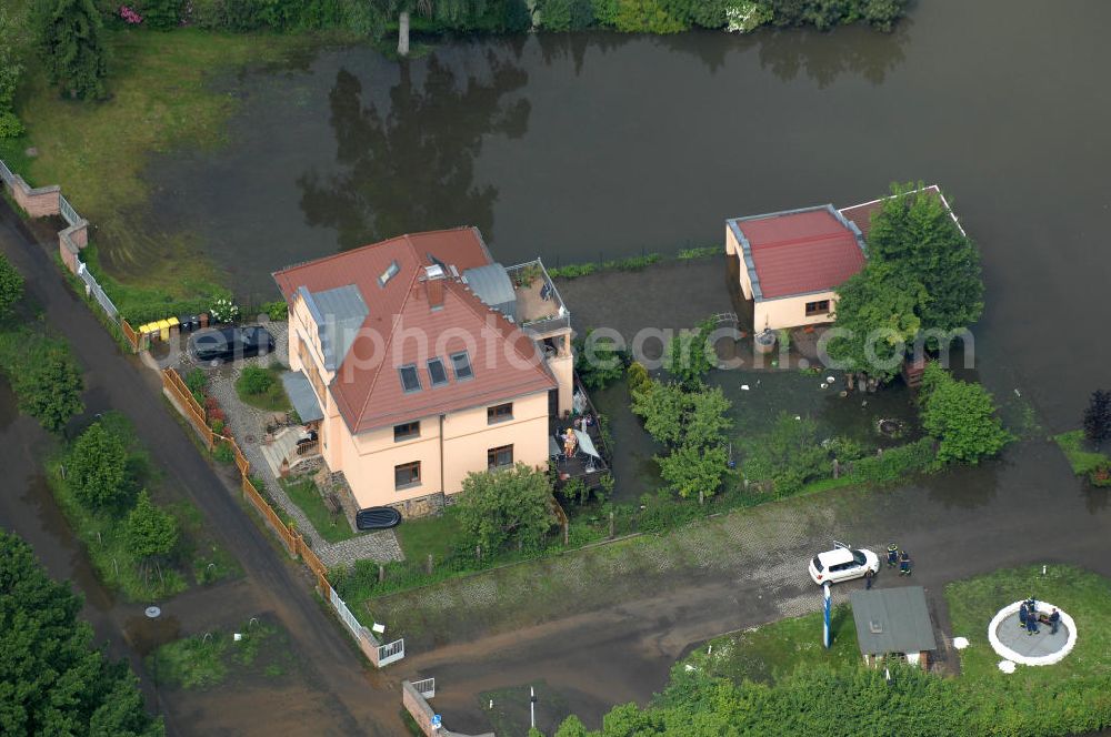 Aerial photograph Frankfurt / Oder - Blick auf die angespannte Hochwassersituation der Oder am Bereich Gubener Vorstadt am Buschmühlenweg. View of the tense situation in the flood area of Frankfurt / Oder in Brandenburg.