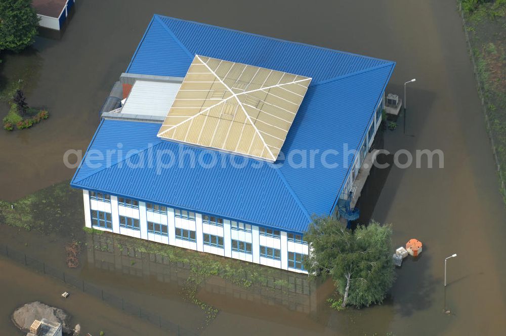 Aerial image Frankfurt / Oder - Blick auf die angespannte Hochwassersituation der Oder am Bereich Gubener Vorstadt am Buschmühlenweg. View of the tense situation in the flood area of Frankfurt / Oder in Brandenburg.