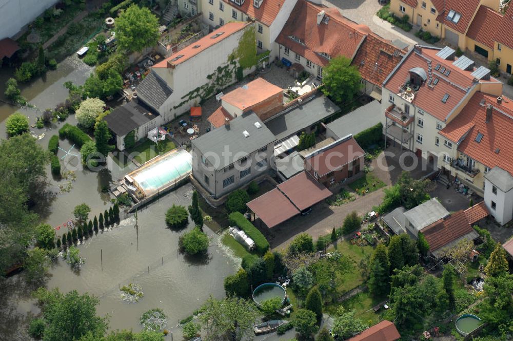 Aerial image Frankfurt / Oder - Blick auf die angespannte Hochwassersituation der Oder am Bereich Gubener Vorstadt am Buschmühlenweg. View of the tense situation in the flood area of Frankfurt / Oder in Brandenburg.