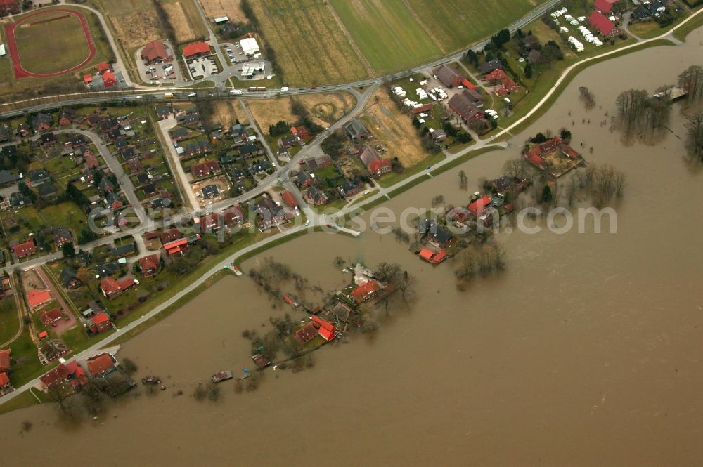 Aerial image Lauenburg - Flood disaster on the banks of the Elbe River in the city of Lauenburg, in Schleswig-Holstein